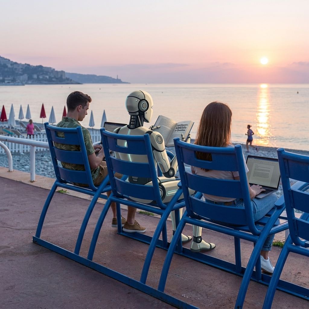 Chaises bleues de la Promenade des Anglais à Nice, au coucher du soleil